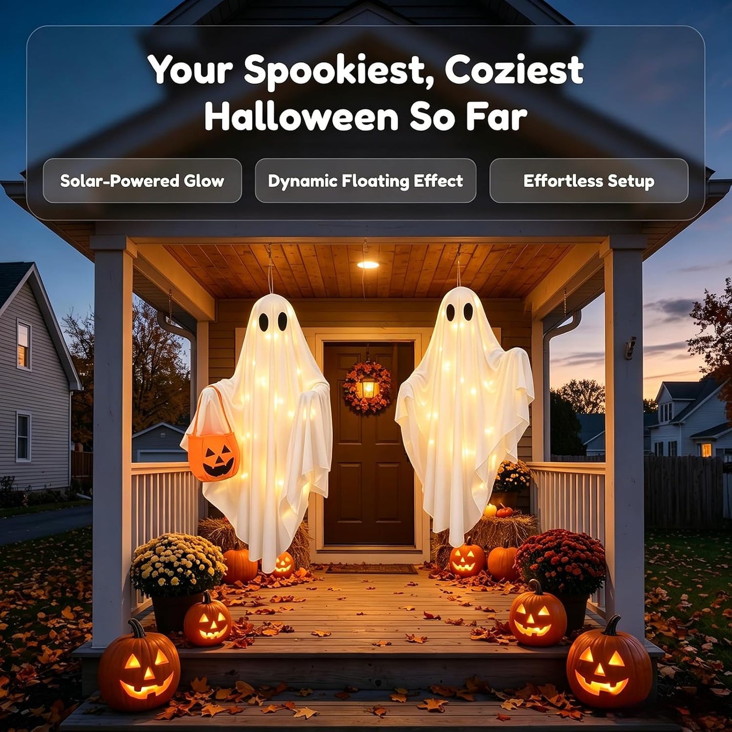 Solar Ghost Halloween Lights 2Pack Hanging Stake Yard Decor | Solar glowing ghost decor, rainproof, dual mount. Perfect lawn porch decor for Halloween fans.