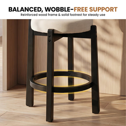 LukeAlon Mid Century Linen Counter Stools Set of 4, Upholstered 26.5” Seat Height Low Barstools with Natural Wood Legs Round Low Back Kitchen Stools with Footrest for Dining Room, Beige