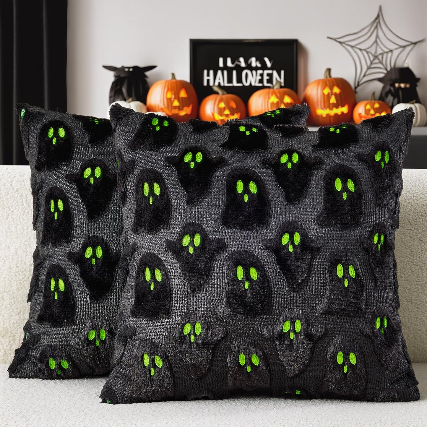 MIULEE Cute Ghost Halloween Pillow Covers 20x20 Inch Set of 2 White | Soft Plush Faux Fur Throw Pillows Spooky Fall Decorative Cushion Covers for Couch Sofa Bed Porch Living Room