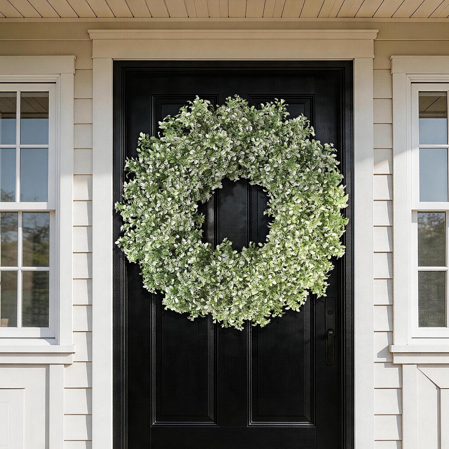 32" Large Artificial Boxwood Wreath for Front Door (White-Green) | Waterproof Fade Resistant,Premium Durable,Faux Aglaia Odorata Wreath,for Wall Window Farmhouse Outdoor All Seasons Decor