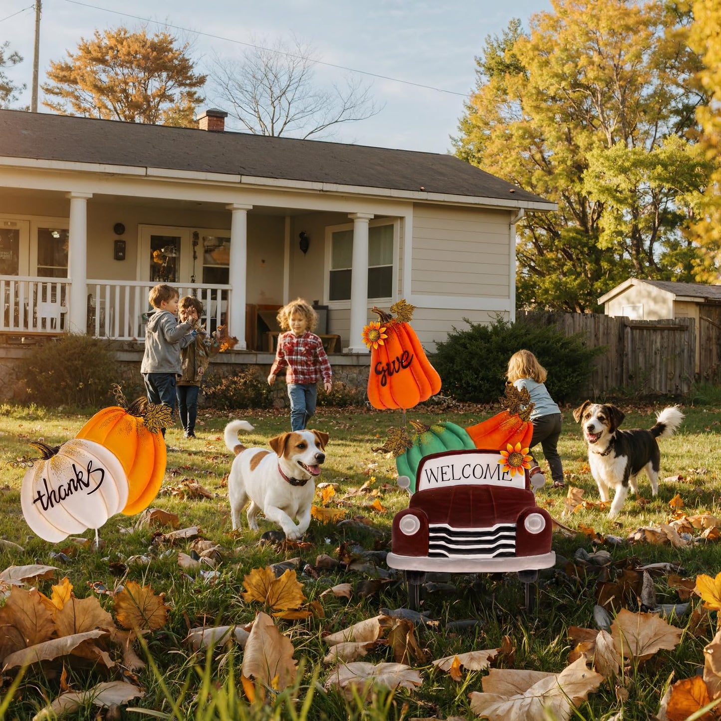 Lanpn Fall Garden Stakes Decorative, 3 Stacked Pumpkin Truck Waterproof Metal Yard Signs 2ft for Home Lawn Patio Porch Autumn Thanksgiving Harvest Season Outdoor Decor (Style 01, 11.4 x 29.9 inch)