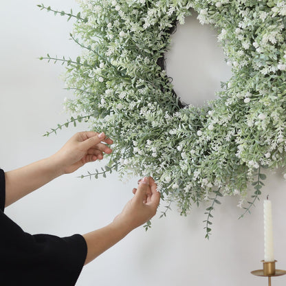 32" Large Artificial Eucalyptus Wreath for Front Door(White-Green) | Weather Resistant,Lifelike Eucalyptus Lavender with Babys Breath Flowers Wreath,for Home Farmhouse Wall Year-Round Use Decor