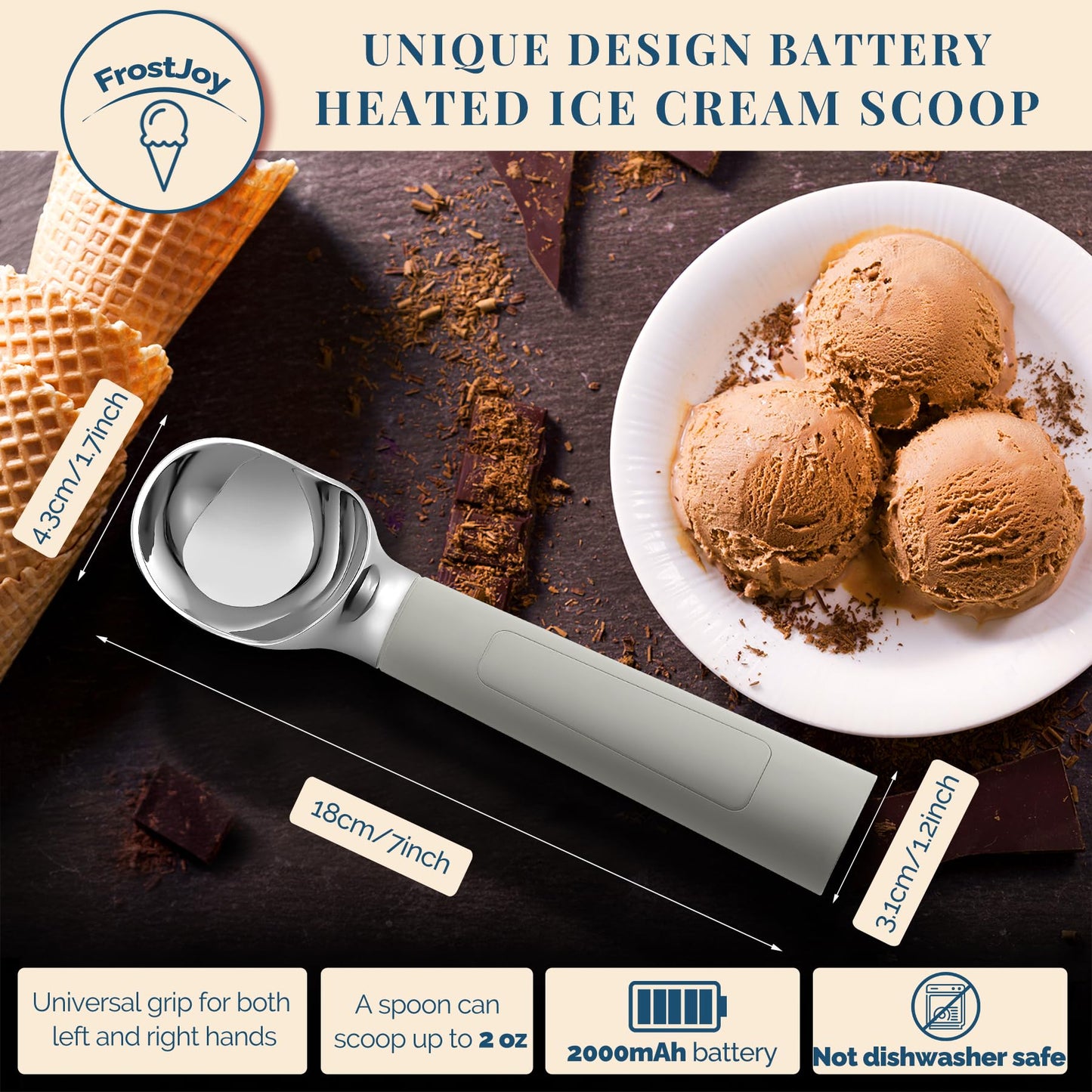 Heated Ice Cream Scoop Rechargeable, Electric Warming Ice Cream Scooper with LED Display, Heats to 158°F for Hard Ice Cream, Easy for Seniors & Kids, IP67 Waterproof (White, 2 oz)