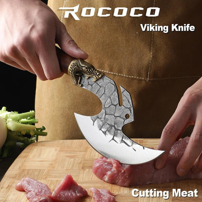 ROCOCO Viking Cleaver Knife Birthday - Kitchen Axe & Sheath Father Gift Men | Hand Forged High Carbon Steel Butcher Meat Cutting Boning Knife for Home Outdoor BBQ Camping Chirstmas Mother
