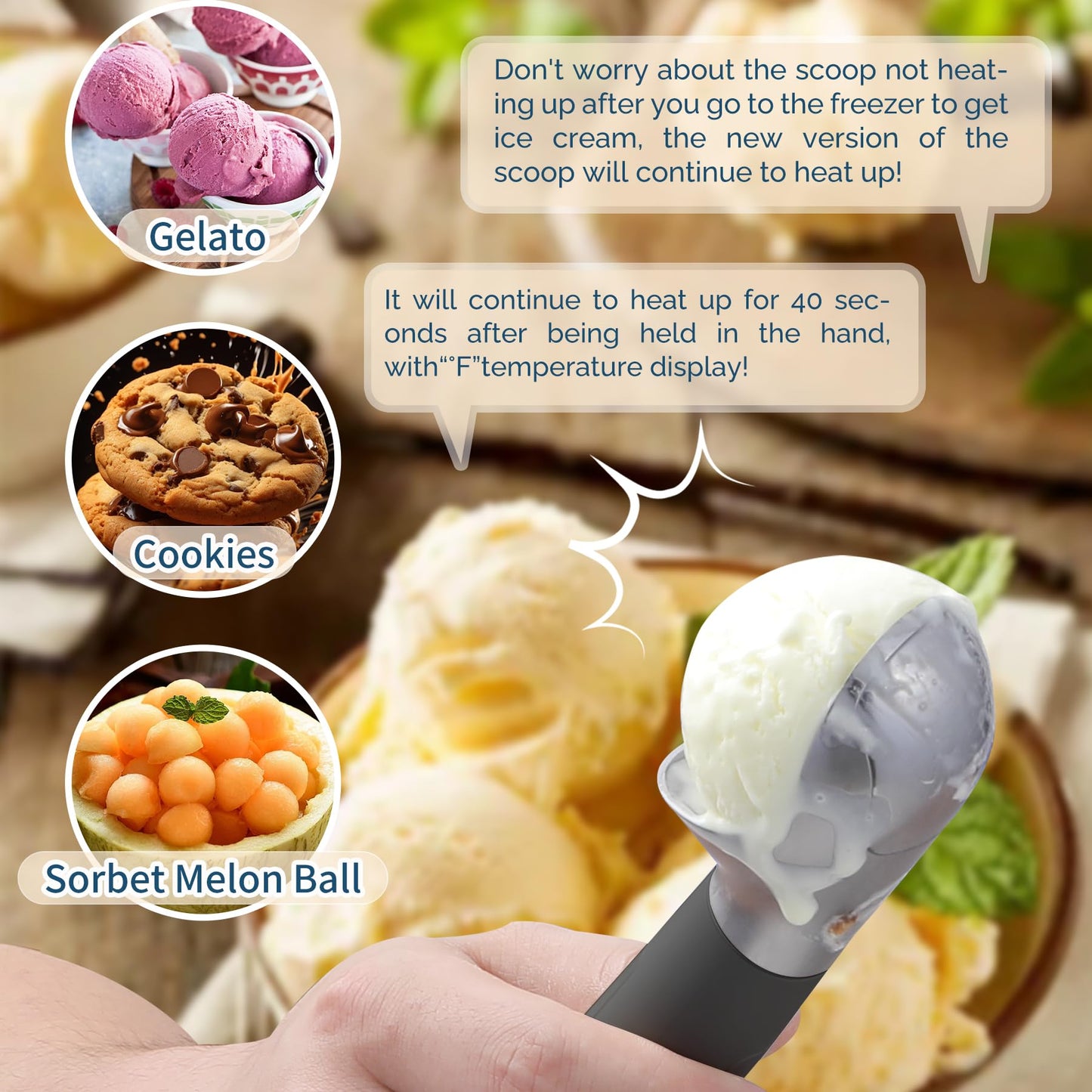 Heated Ice Cream Scoop Rechargeable, Electric Warming Ice Cream Scooper with LED Display, Heats to 158°F for Hard Ice Cream, Easy for Seniors & Kids, IP67 Waterproof (White, 2 oz)