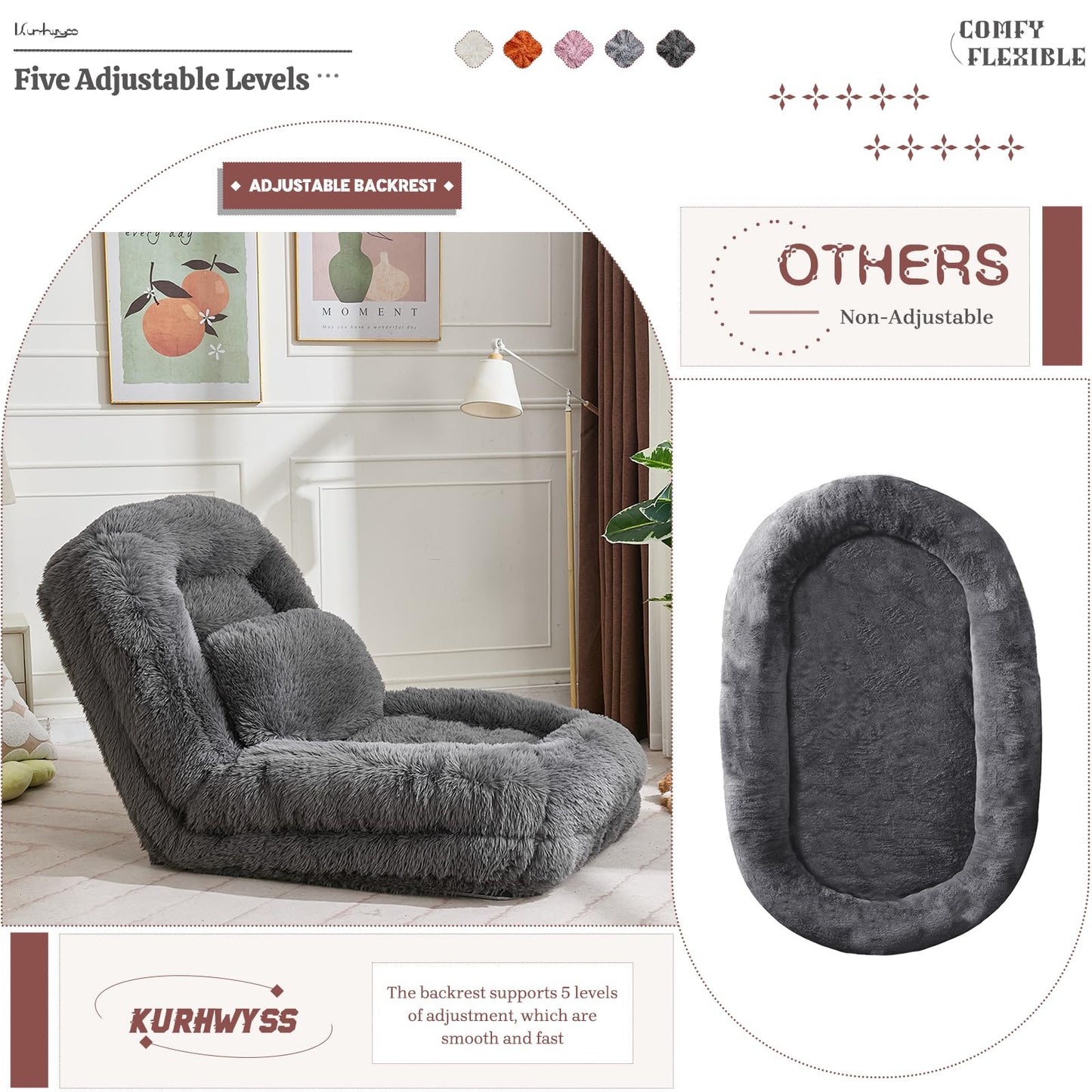 Upholstered Convertible Lounge Chair with 2 Soft Pillows