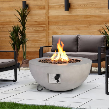 31.5 Inch Round Propane Fire Pit Table - Concrete Round Fire Bowl 50,000 BTU Natural Gas Firepit Burner with Steel Lid, Lava Rocks, Waterproof Cover for Outside Patio, Backyard, Party