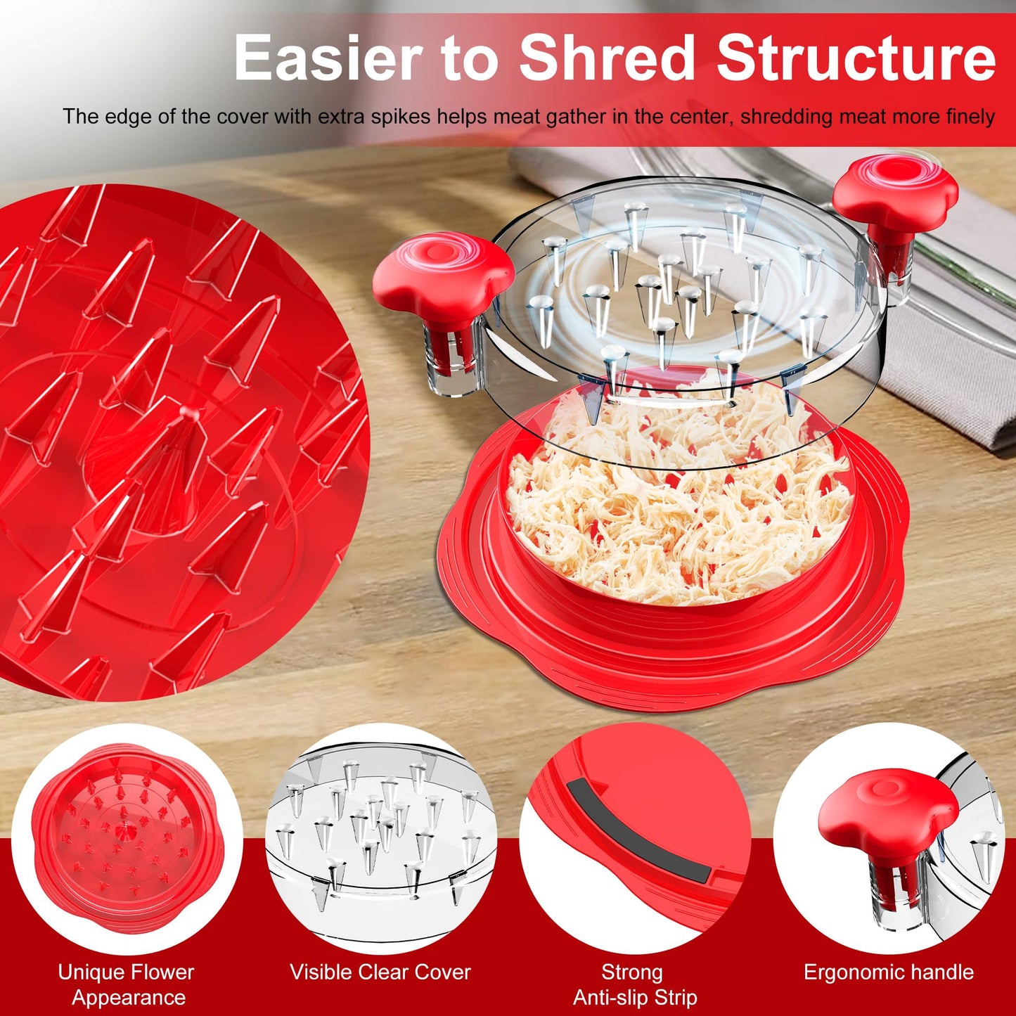 SURETIVIAN Chicken Shredder Tool Twist Large Chicken Breast Shredder with Brush&Fork, Visible Meat Shredder Machine, Anti-Slip Strip, Ergonomic Handle, BPA Free, Pork Beef Chicken(Hot Pink)