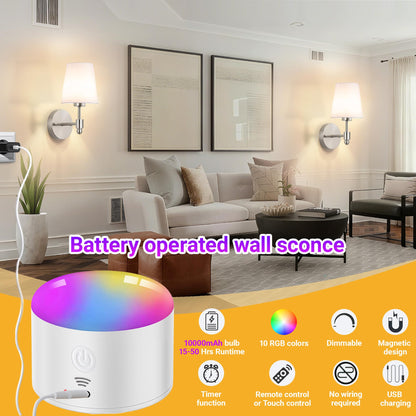YHCDLAMP Battery Operated Wall Sconce Light with Remote Control, Dimmable Wall Sconce Set of 2 with White Fabric Shade, Wireless Battery Operated Wall Lamp for Bedroom Living Room, Bulb Included