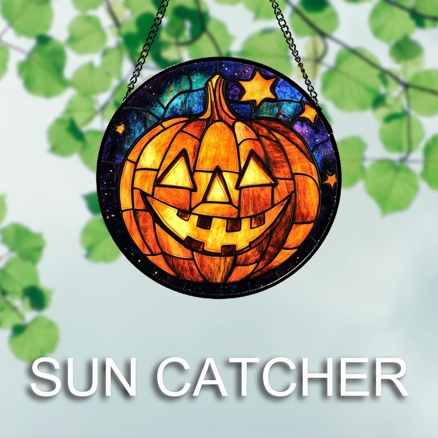 Stained Glass Window Hanging, Halloween Decorations Evil Pumpkin Suncatcher for Doors Garden Indoor Spooky Funny Orange Sun Catchers Gothic Decor Horror Gifts for Women Men Friend 15 in