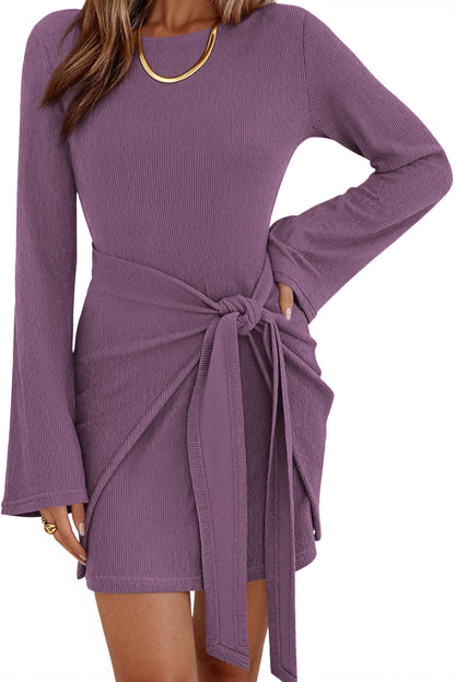 dowerme Women Bell Long Sleeve Tie Waist Bodycon Mini Dress