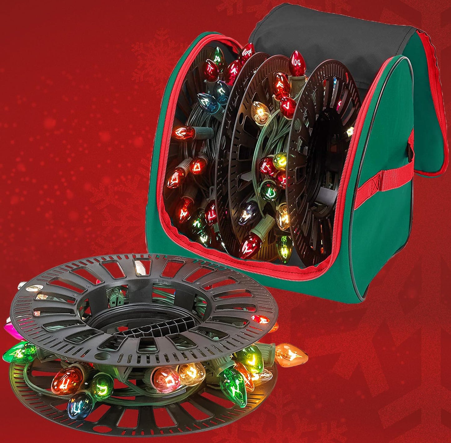 HOLDN’ STORAGE Premium Christmas Light Storage Bag – Heavy Duty Tear Proof 600D/Inside PVC Material with Reinforced Handles - 3 Reels Stores up to 375 Ft of Mini Tree Lights & Extension Cords Red