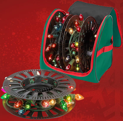 HOLDN’ STORAGE Premium Christmas Light Storage Bag – Heavy Duty Tear Proof 600D/Inside PVC Material with Reinforced Handles - 3 Reels Stores up to 375 Ft of Mini Tree Lights & Extension Cords Red
