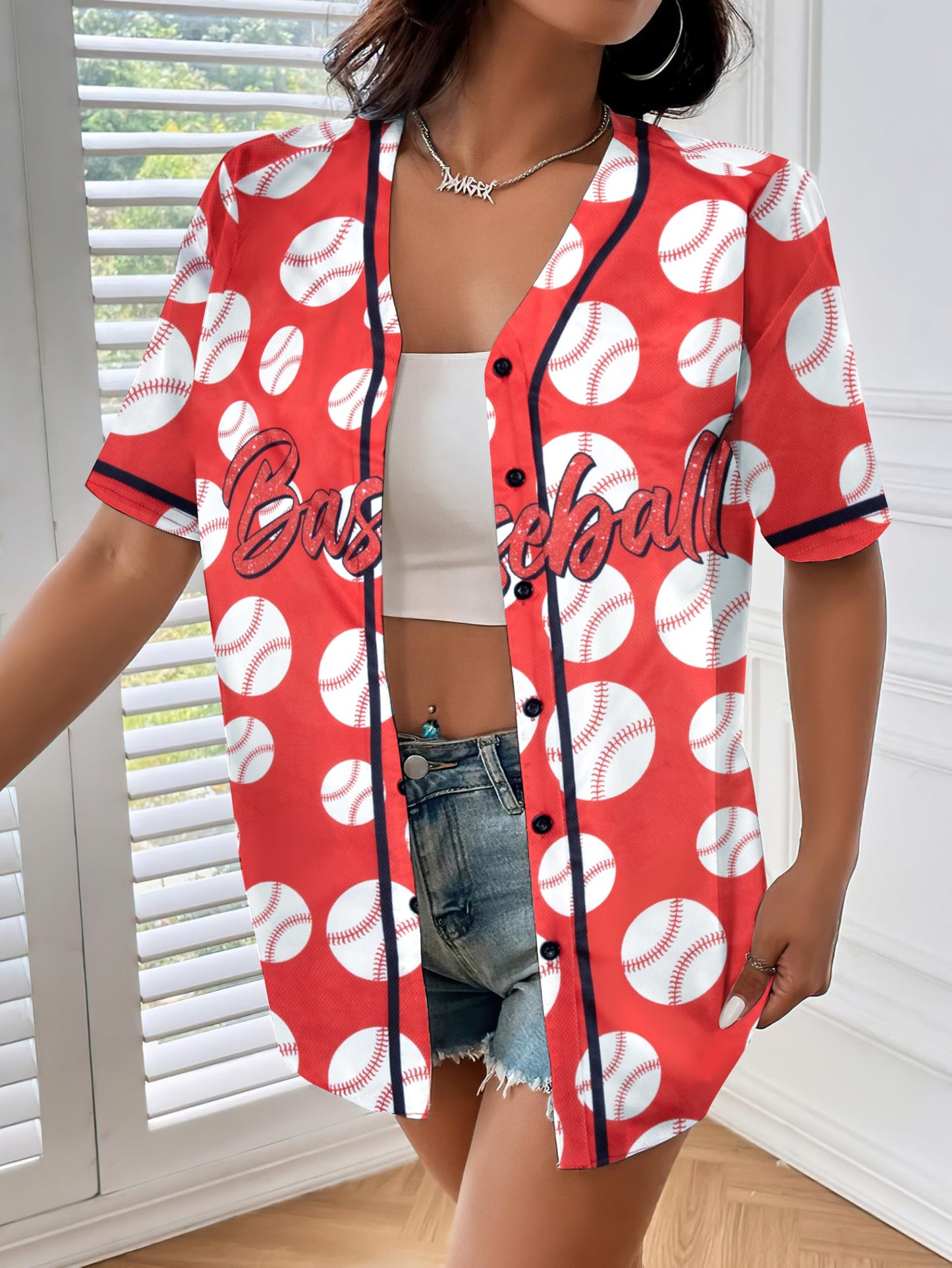 Baseball Shirt Women Baseball Jersey Graphic Button Down Shirt Game Day Short Sleeve Tops