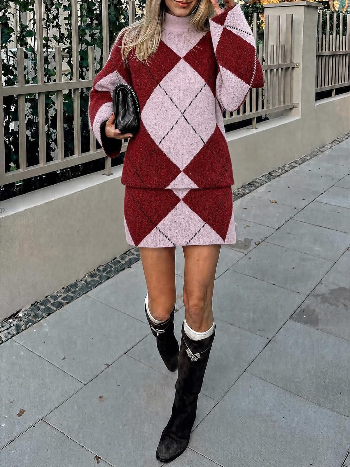 Cicy Bell Women Mock Neck Argyle Sweater 2 Piece Outfits Mini Skirt Sets