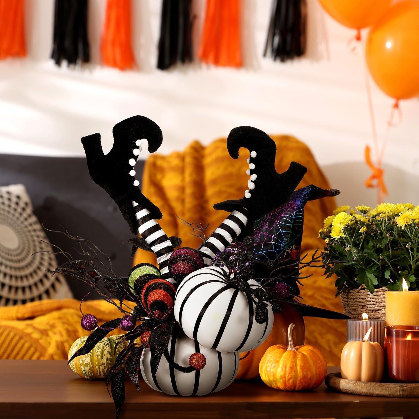 Daifunli Halloween Table Centerpieces Decorations Witch Boot and Pumpkin Artificial Flowers Halloween Tabletop Decorations for Home Kitchen Indoor Haunted Party Decoration 12x17 Inch