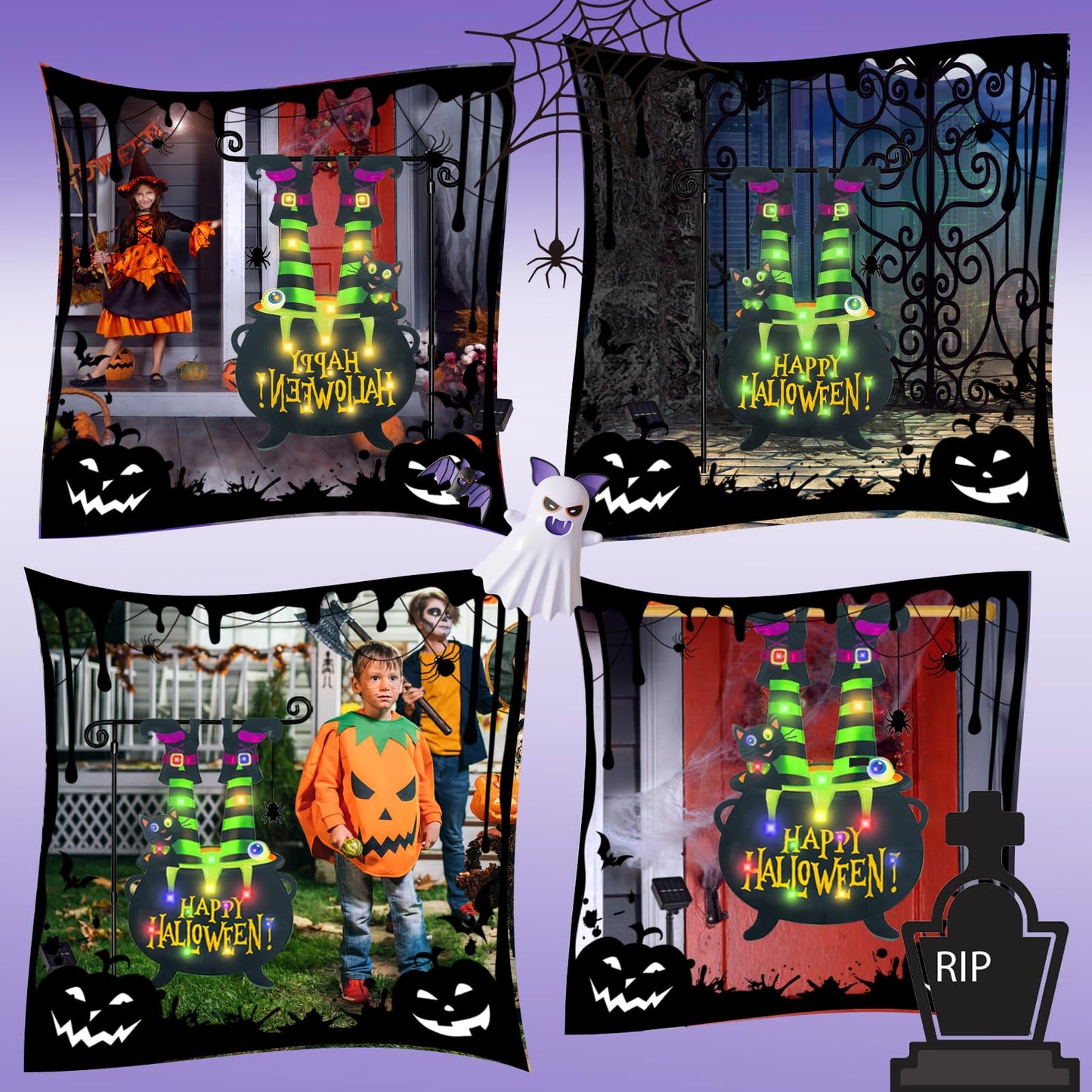 Halloween Lighted Garden Flag for Outside, Led Solar Yard Flag 8 Modes Witch Feet Shape Flag, 28x40 Double Sided Cauldron Eyeball Black Cat Decorations for Home Porch