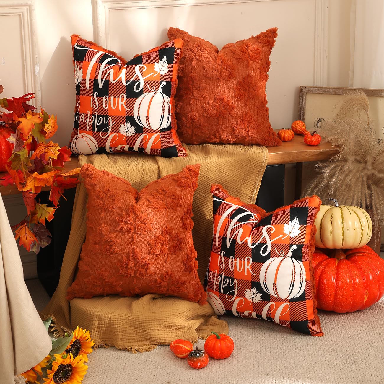 TOYPOPOR Halloween Decorations, 2 Packs Double Sided Ghost Pillow Covers, Soft Fur Throw Pillow Cases Indoor outdoor Pumpkin Couch Cushion Case for Fall Autumn Bedroom Living Room Home Decor 18''x18''