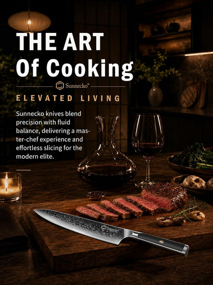Sunnecko 8 Inch Japanese Damascus Chef Knife - Ultra Sharp VG10 Steel | 10-12 Degree Edge 67 Layers Kitchen Cooking Knives for Meat, Vegetable Fruit, Full Tang, Camping BBQ Gifts for Men