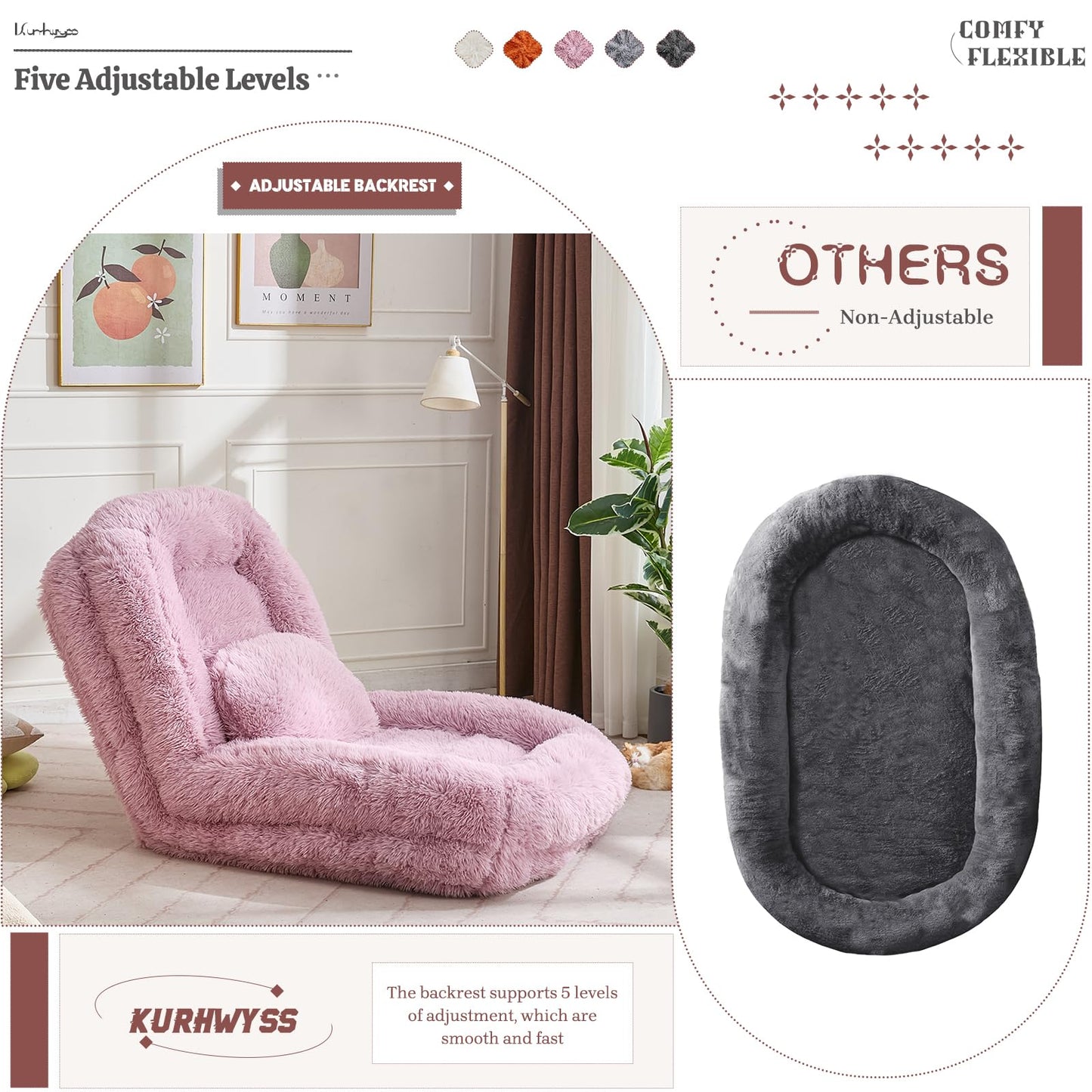 Upholstered Convertible Lounge Chair with 2 Soft Pillows