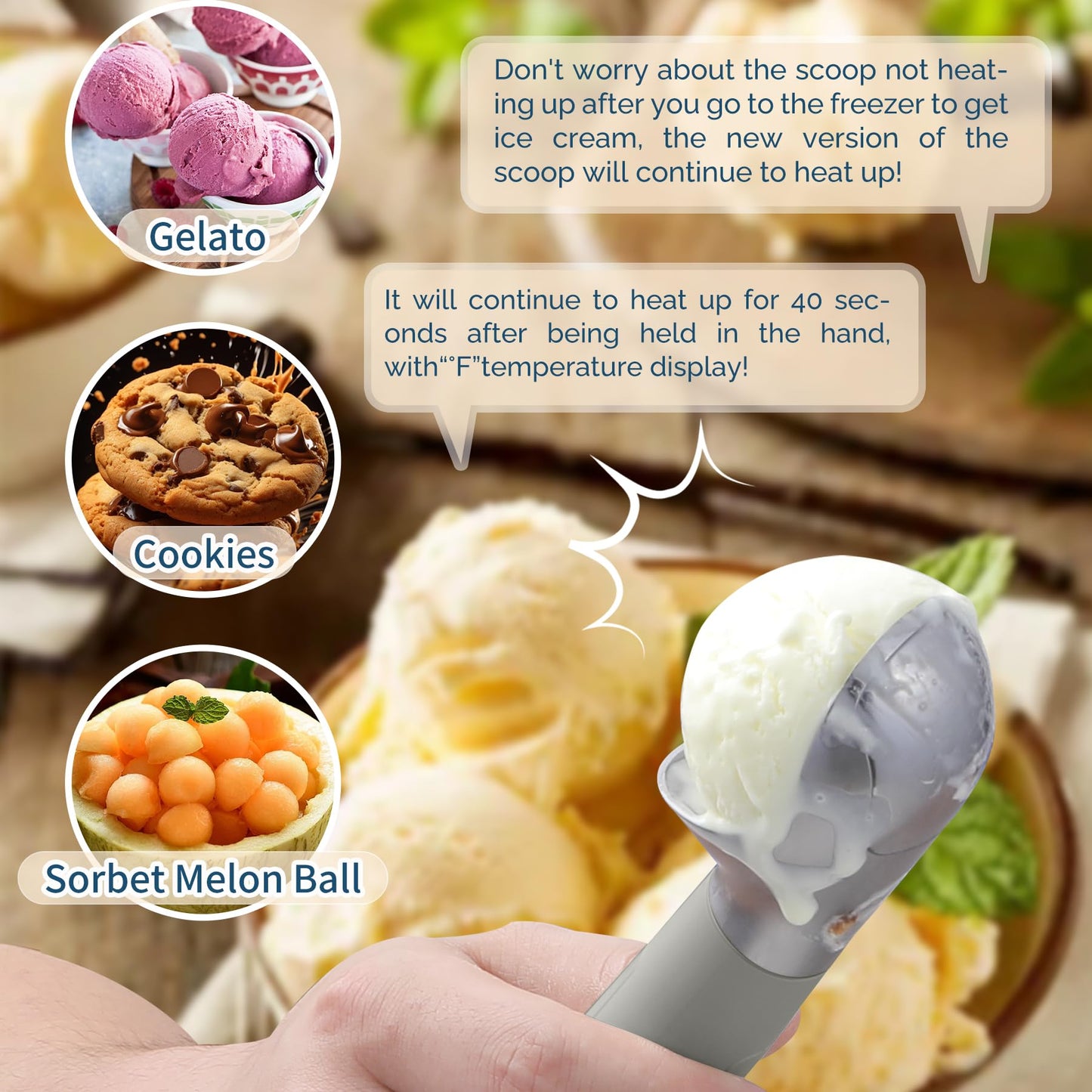 Heated Ice Cream Scoop Rechargeable, Electric Warming Ice Cream Scooper with LED Display, Heats to 158°F for Hard Ice Cream, Easy for Seniors & Kids, IP67 Waterproof (White, 2 oz)