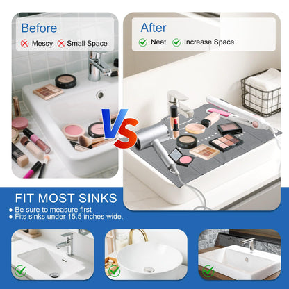 Mofason Bathroom Sink Top Cover Space Saver,Silicone Makeup Organizer Mat for Over Countertop,Small Bathroom Must Haves Accessories Rv Camper Travel Foldable Gadgets-Grey