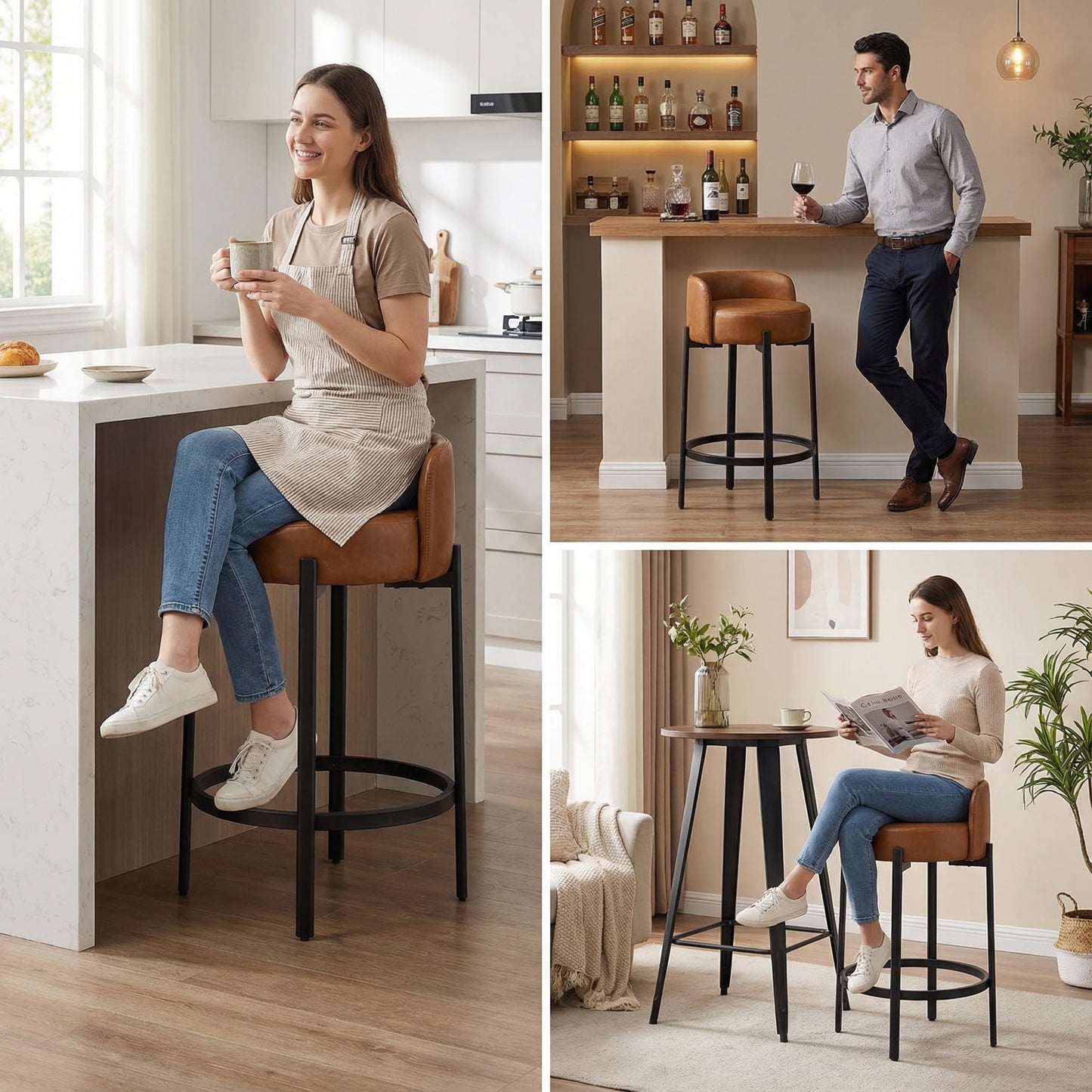 LukeAlon Mid Century Linen Counter Stools Set of 4, Upholstered 26.5” Seat Height Low Barstools with Natural Wood Legs Round Low Back Kitchen Stools with Footrest for Dining Room, Beige
