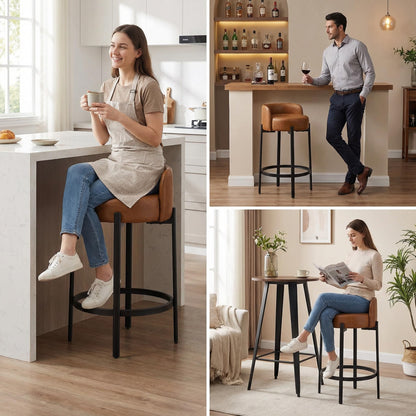 LukeAlon Mid Century Linen Counter Stools Set of 4, Upholstered 26.5” Seat Height Low Barstools with Natural Wood Legs Round Low Back Kitchen Stools with Footrest for Dining Room, Beige