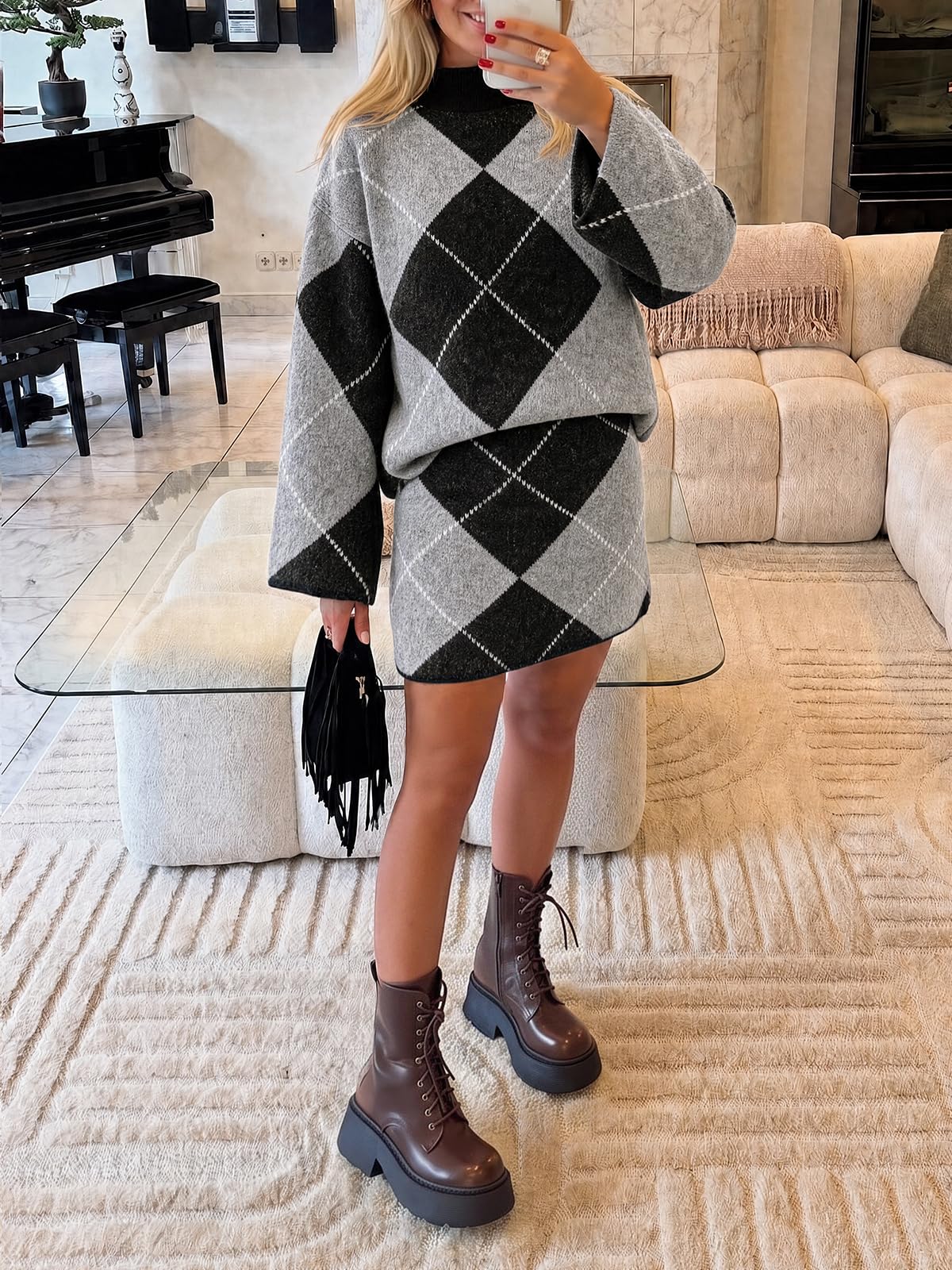 Cicy Bell Women Mock Neck Argyle Sweater 2 Piece Outfits Mini Skirt Sets