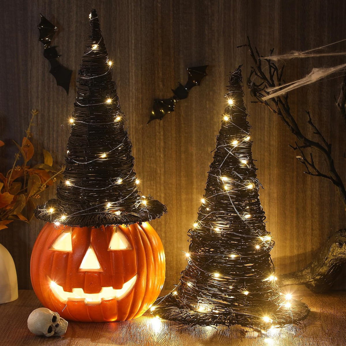 Leinuosen 2 Pcs Halloween Rattan Witch Hat Decor with String Lights Wicker Wizard Hats Woven Witch Hat for Indoor Outdoor Halloween Party Supplies Home Bedroom Garden Patio Backyard Decoration