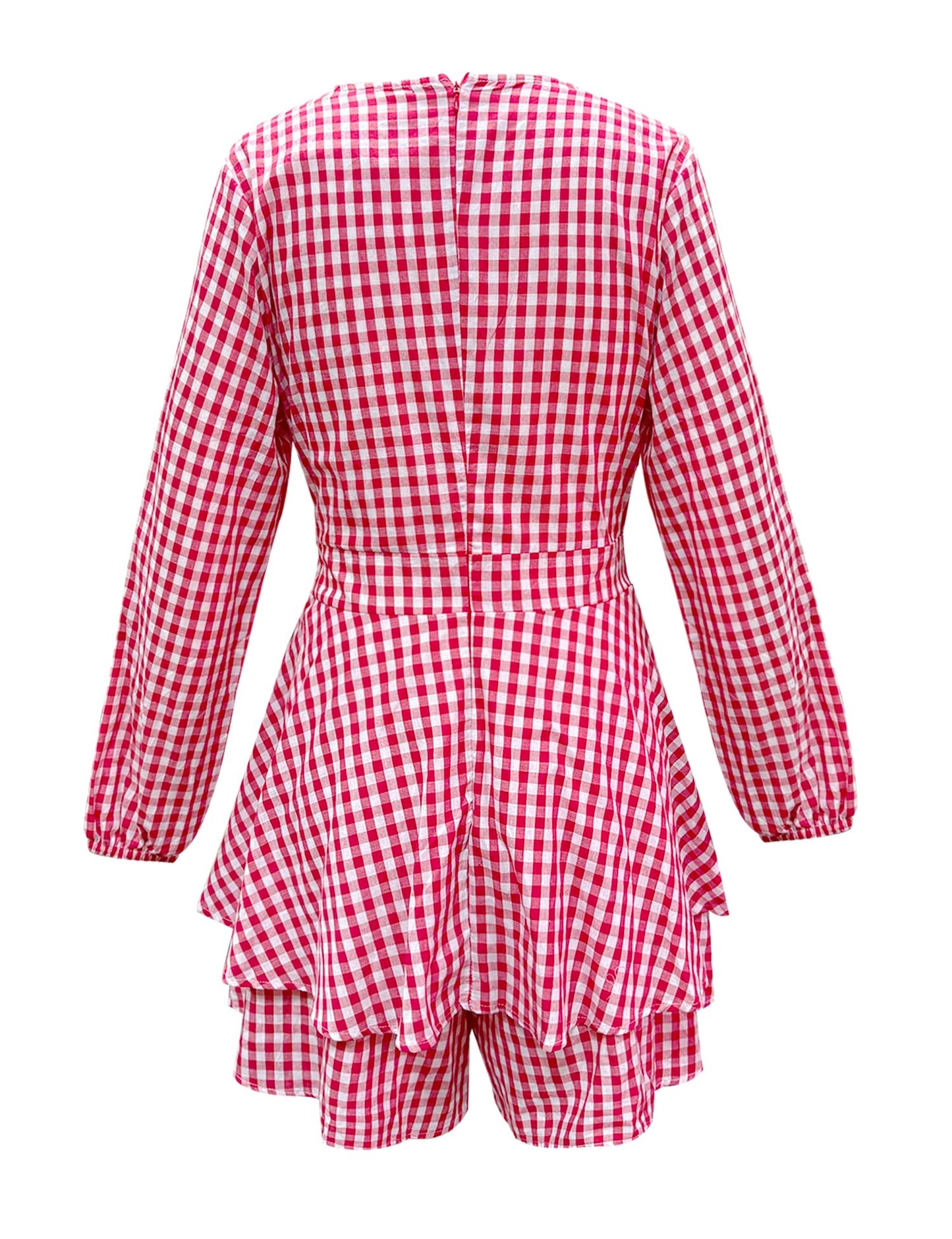 AIMCOO Women's Floral Print Deep V-Neck Romper Double Layer Ruffle Hem Jumpsuits Long Baggy Sleeves Waist Tie Short Rompers
