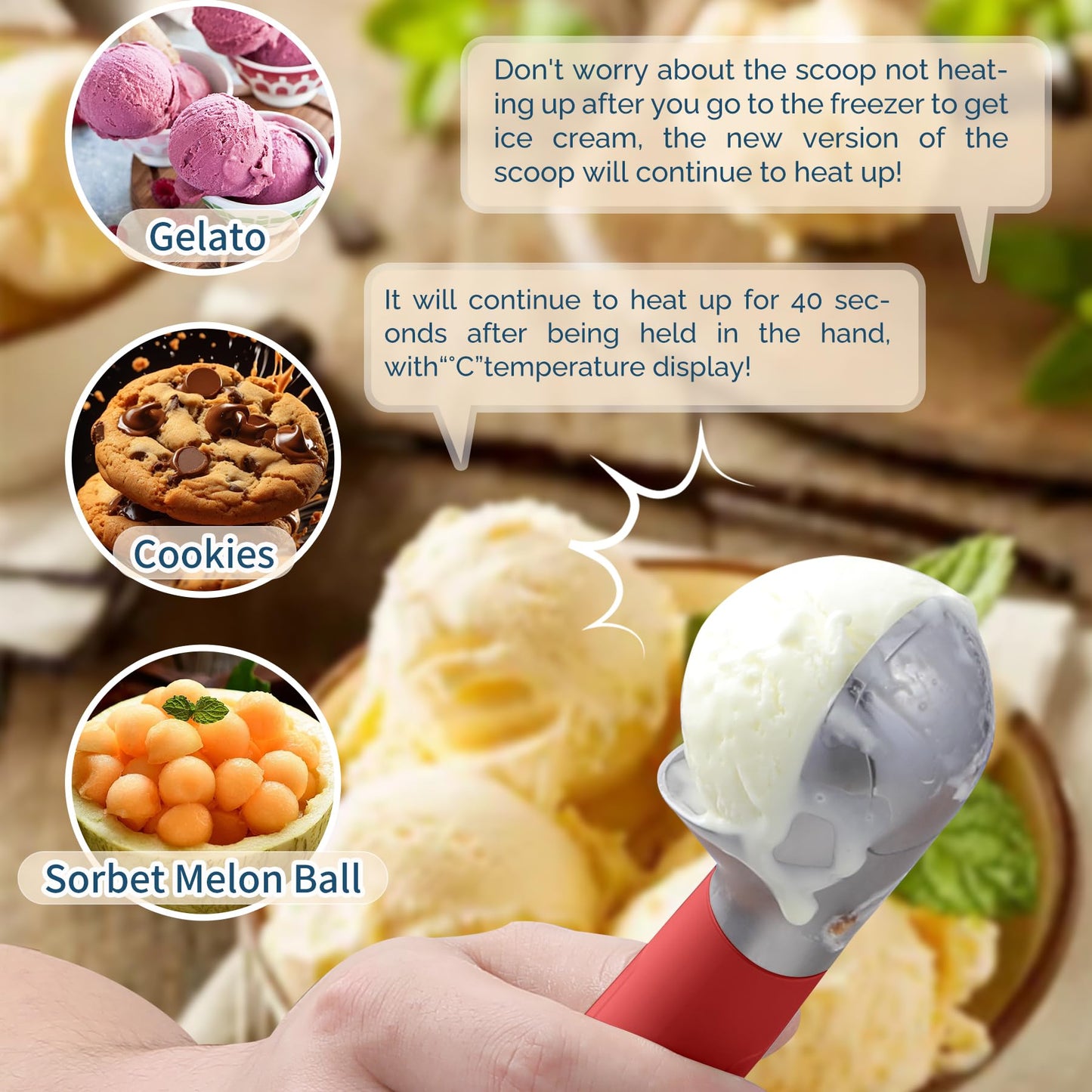 Heated Ice Cream Scoop Rechargeable, Electric Warming Ice Cream Scooper with LED Display, Heats to 158°F for Hard Ice Cream, Easy for Seniors & Kids, IP67 Waterproof (White, 2 oz)