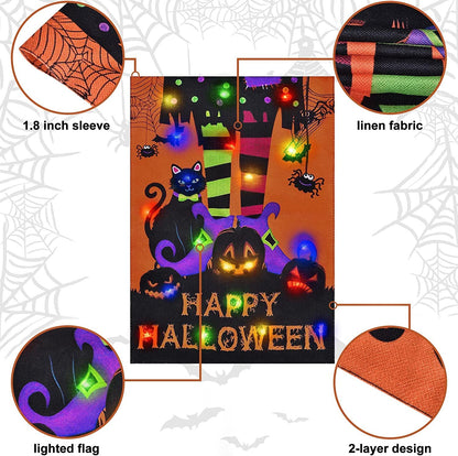Halloween Lighted Garden Flag for Outside, Led Solar Yard Flag 8 Modes Witch Feet Shape Flag, 28x40 Double Sided Cauldron Eyeball Black Cat Decorations for Home Porch