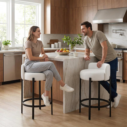 LukeAlon Mid Century Linen Counter Stools Set of 4, Upholstered 26.5” Seat Height Low Barstools with Natural Wood Legs Round Low Back Kitchen Stools with Footrest for Dining Room, Beige