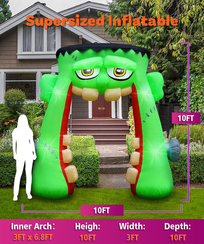 10FT Halloween Inflatable Frankenstein Archway, Halloween Monster Mouth Archway Built-in 6 LEDs for Halloween Inflatables Outdoor Decoration Blow up Frankenstein Arch for Party Haunted House