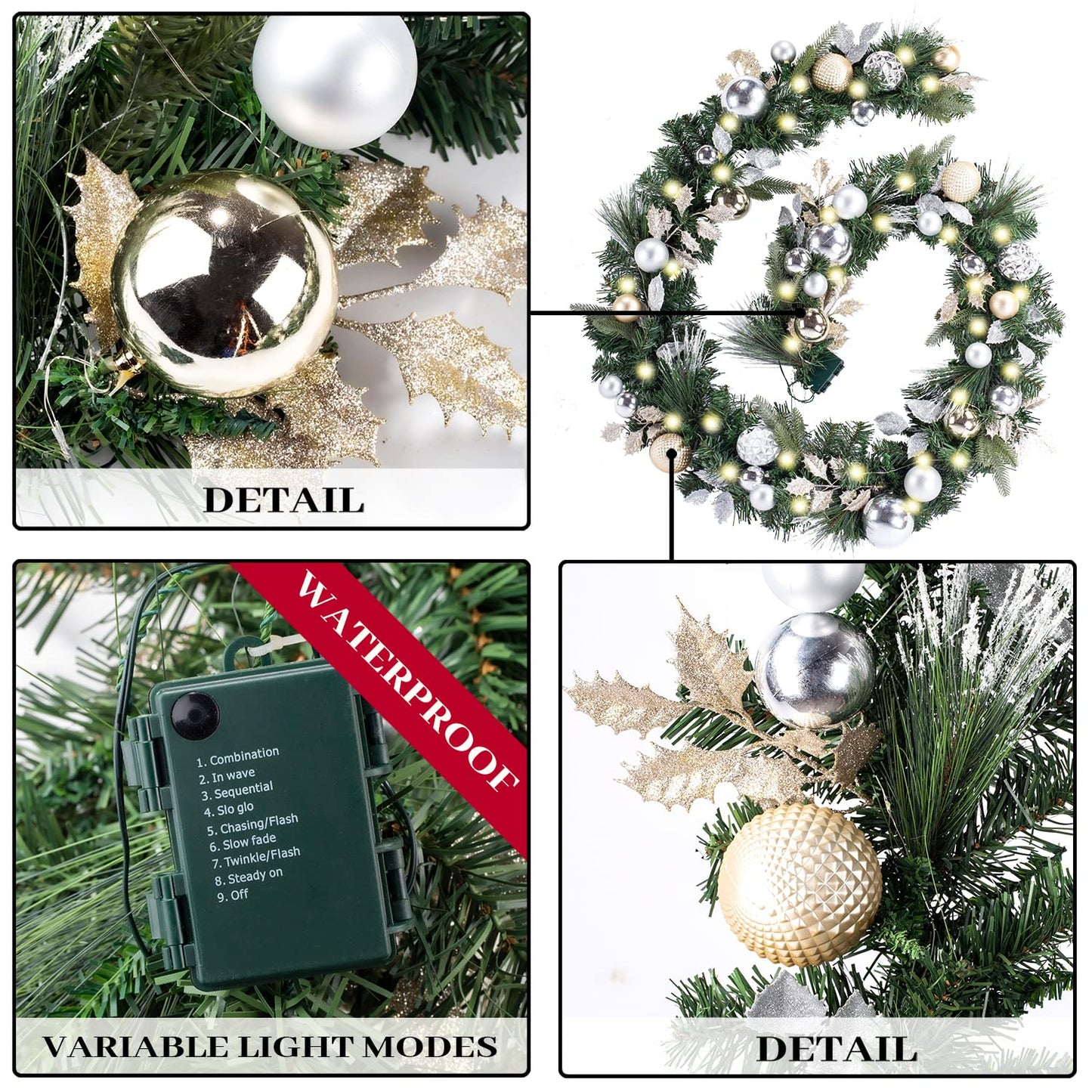 WANNA-CUL Pre-lit 9Feet /108 Inch Christmas Garland with Lights for Front Door, Red Gold Ligthed Christmas Mantel Garland Decoration with Ball Ornaments, Battery Operated 50 LED