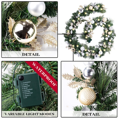 WANNA-CUL Pre-lit 9Feet /108 Inch Christmas Garland with Lights for Front Door, Red Gold Ligthed Christmas Mantel Garland Decoration with Ball Ornaments, Battery Operated 50 LED