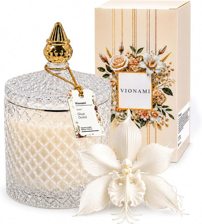 VIONAMI Ghost Orchid Rare Flower Fragrance Luxury Scented Candle Gift | Decorative Soy Candles Birthday Gifts for Women, Elegant Glass Jar, 14.8oz, 80Hr Long Lasting Burn, Luxury Candles for Women