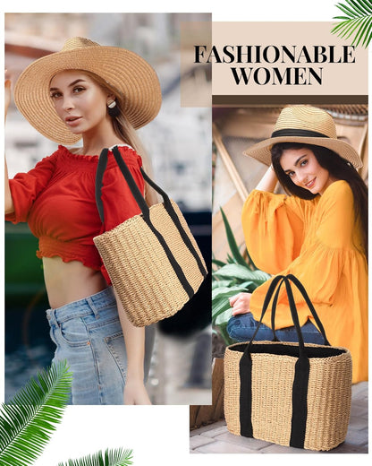 Glitopper 4 Pcs Straw Bag Woven Bag and Rattan Wicker Hat Tassel Earrings Set
