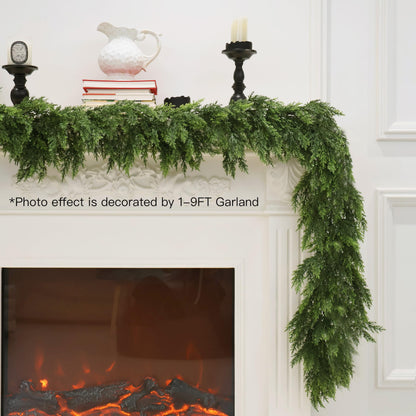 2PCS 9FT Christmas Cedar Garland Artificial Realistic Green Faux Real Touch Winter Pine Garland for Mantle Fireplace Wall Table Indoor Outdoor Decorations