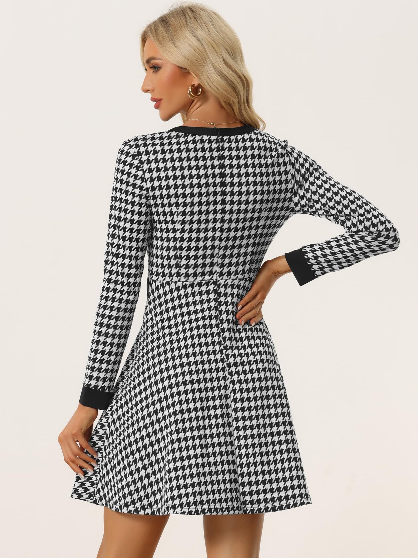 Allegra K Women's Houndstooth Plaid A-Line Elegant Business Work Dress