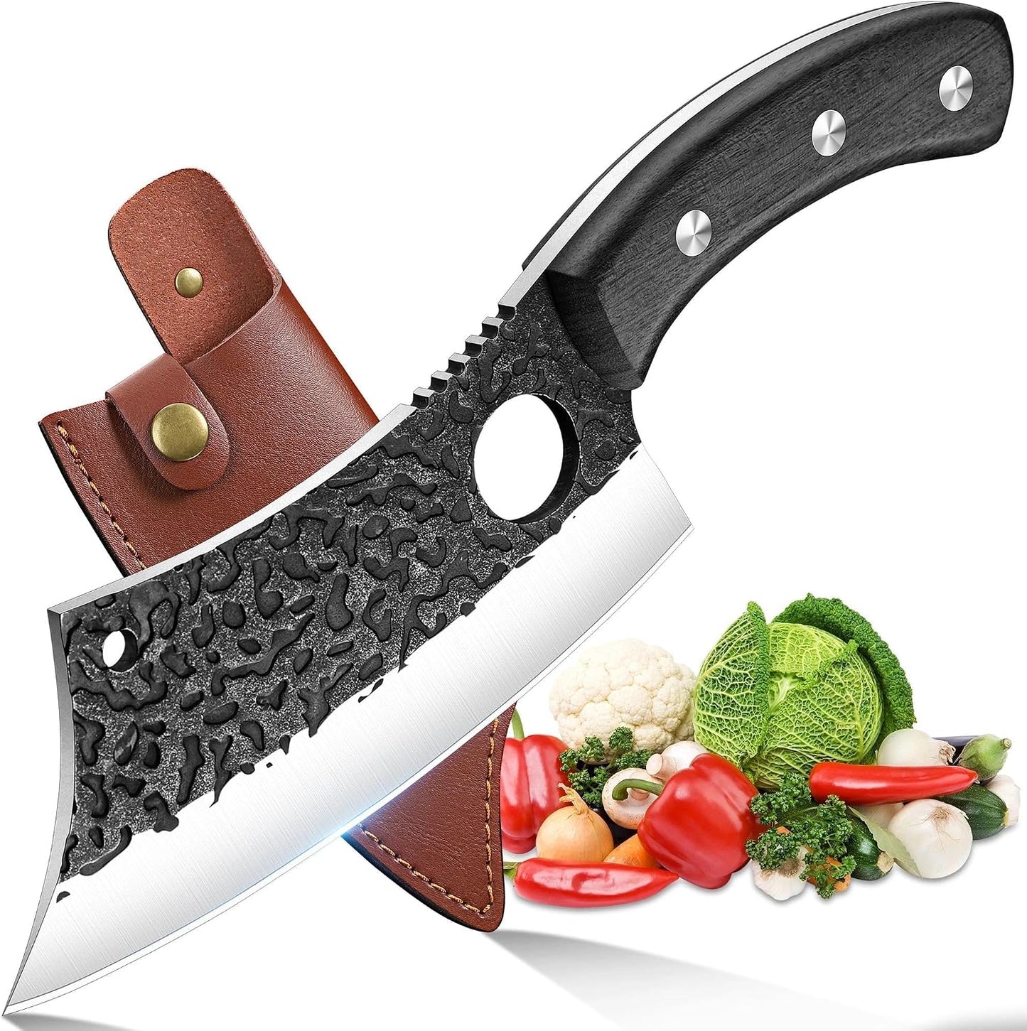 ROCOCO Viking Cleaver Knife Birthday - Kitchen Axe & Sheath Father Gift Men | Hand Forged High Carbon Steel Butcher Meat Cutting Boning Knife for Home Outdoor BBQ Camping Chirstmas Mother