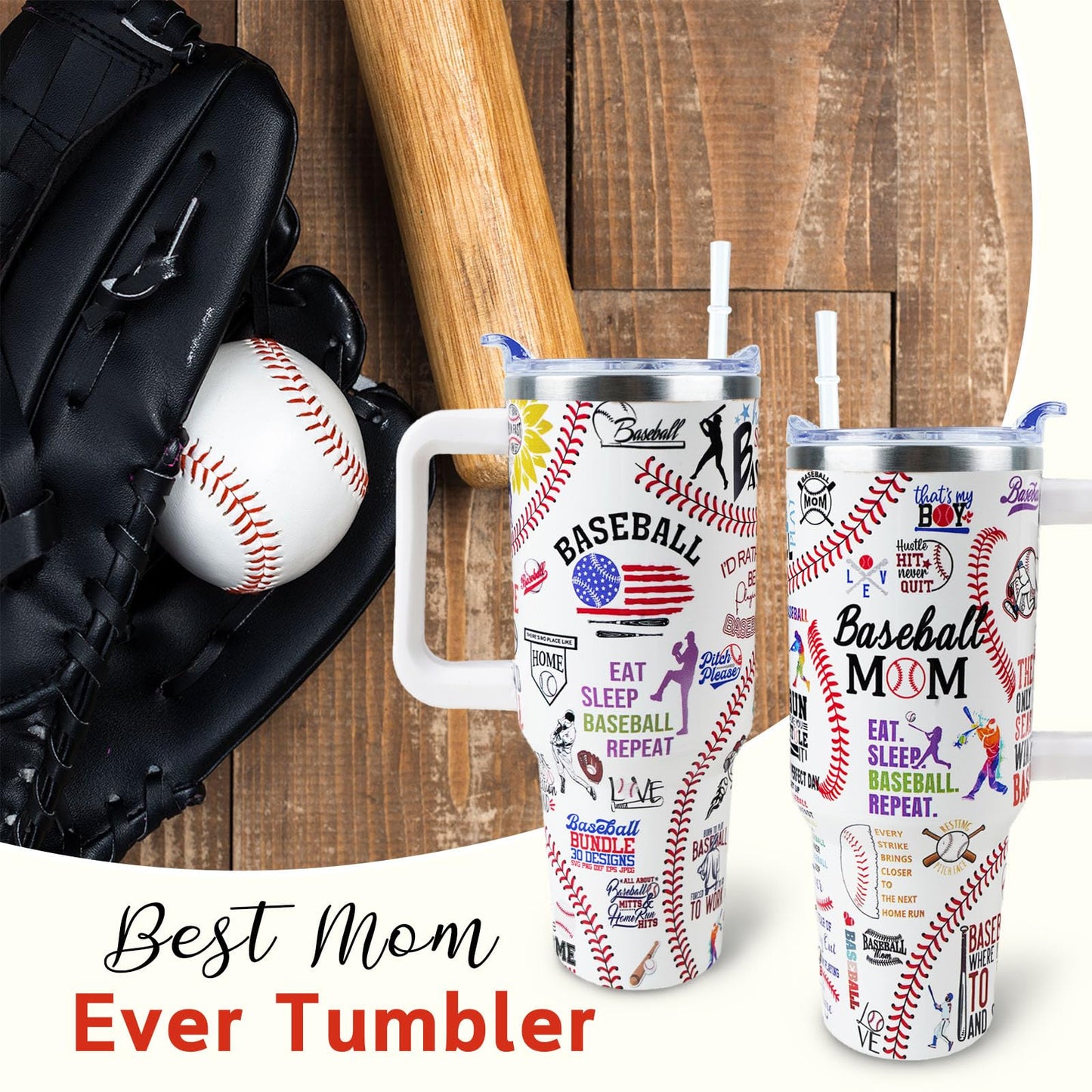 Baseball Mom 40 oz Tumbler with Handle and Straw Lid Leak Proof