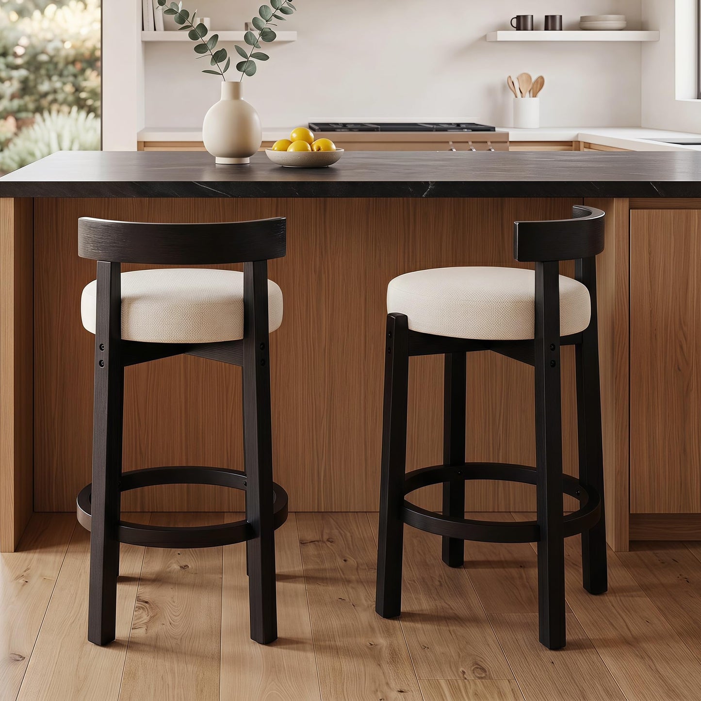 LukeAlon Mid Century Linen Counter Stools Set of 4, Upholstered 26.5” Seat Height Low Barstools with Natural Wood Legs Round Low Back Kitchen Stools with Footrest for Dining Room, Beige