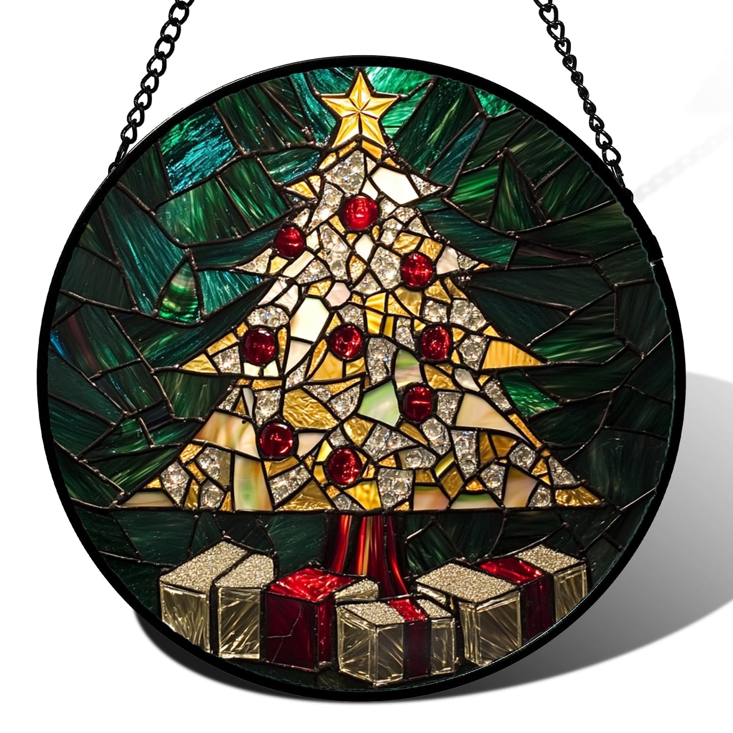 Stained Glass Window Hanging - Golden Christmas Tree Suncatcher for Doors Home Christmas Decoration Winter Sun Catcher Thanksgiving New Year Birthday Gifts for Women Men Mom Nana Girl 7.8 in