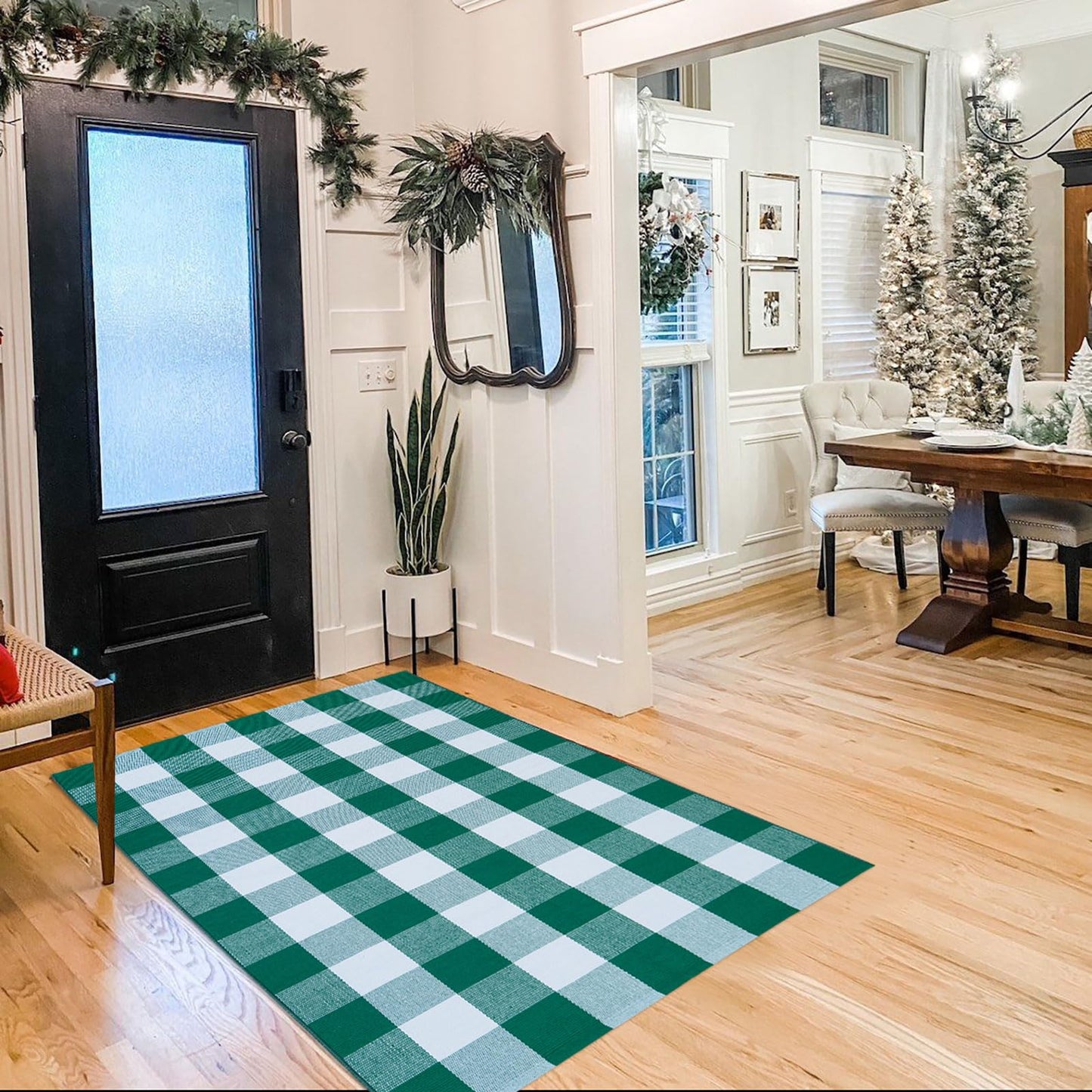 Christmas Door Mat Outdoor 35.4''x59'' Buffalo Plaid Christmas Decor Rug Cotton Hand-Woven Layered Door Mats Washable Carpet for Front Porch, Kitchen, Farmhouse, Entryway
