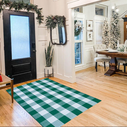Christmas Door Mat Outdoor 35.4''x59'' Buffalo Plaid Christmas Decor Rug Cotton Hand-Woven Layered Door Mats Washable Carpet for Front Porch, Kitchen, Farmhouse, Entryway