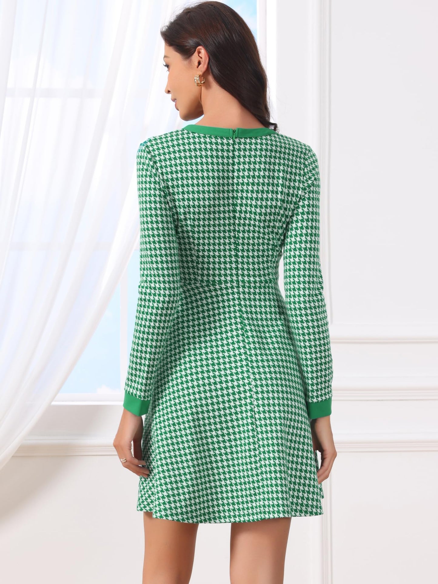 Allegra K Women's Houndstooth Plaid A-Line Elegant Business Work Dress