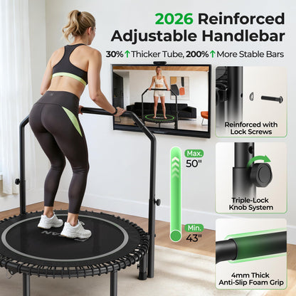 BCAN BT2 450/550LBS Mini Rebounder Trampoline for Adults with Bar, Fitness Trampoline with Bungees, Adjustable Handle, Stable & Quiet, Indoor Outdoor, Whole-Body Workout - 40IN/48IN | FED Fitness