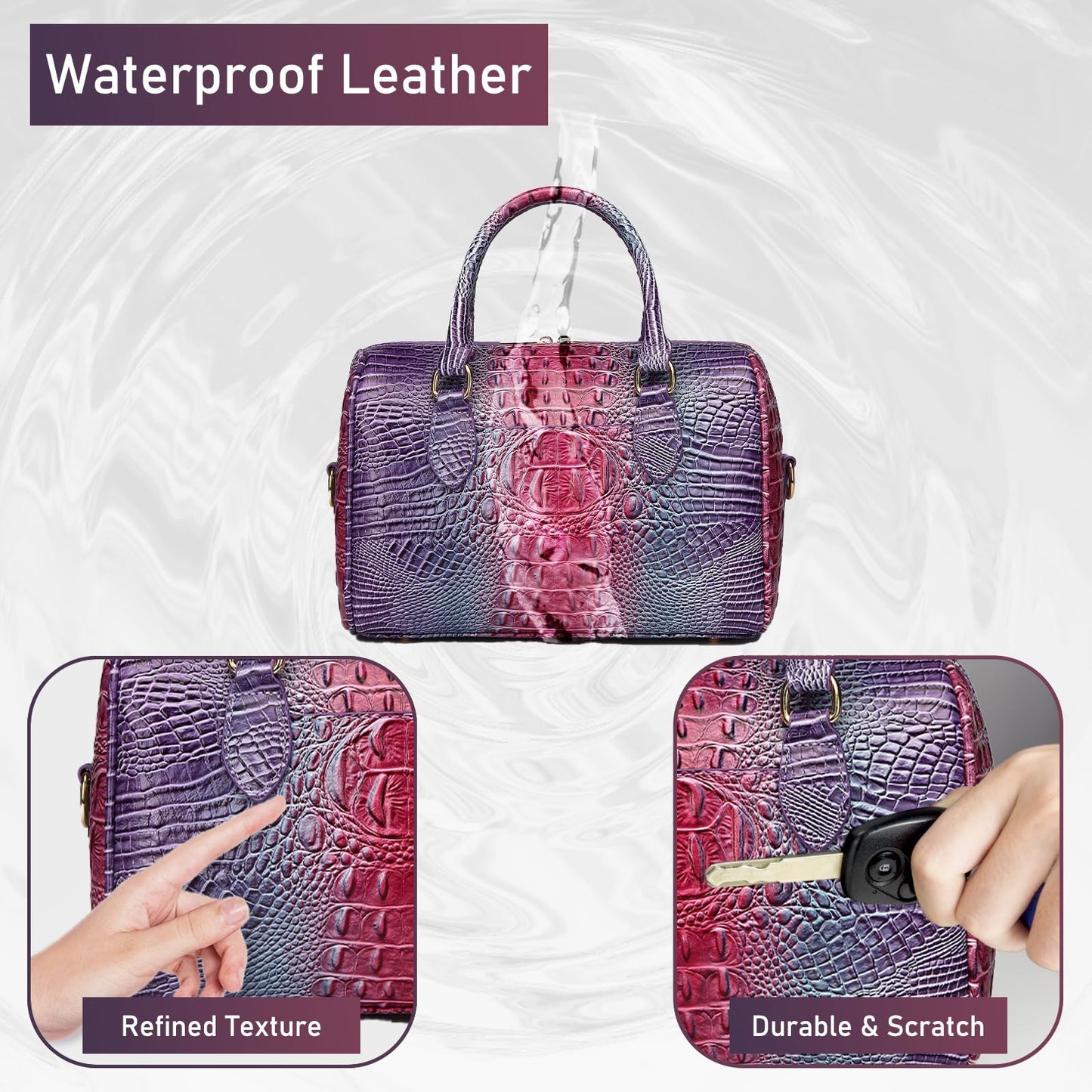 Makcr Joacbv Crocodile Handbag for Women Top Handle Leather Shoulder Purse | Glossy crocodile-embossed vegan leather with rolled handles, buckle details, a structured dome shape, and adjustable strap.
